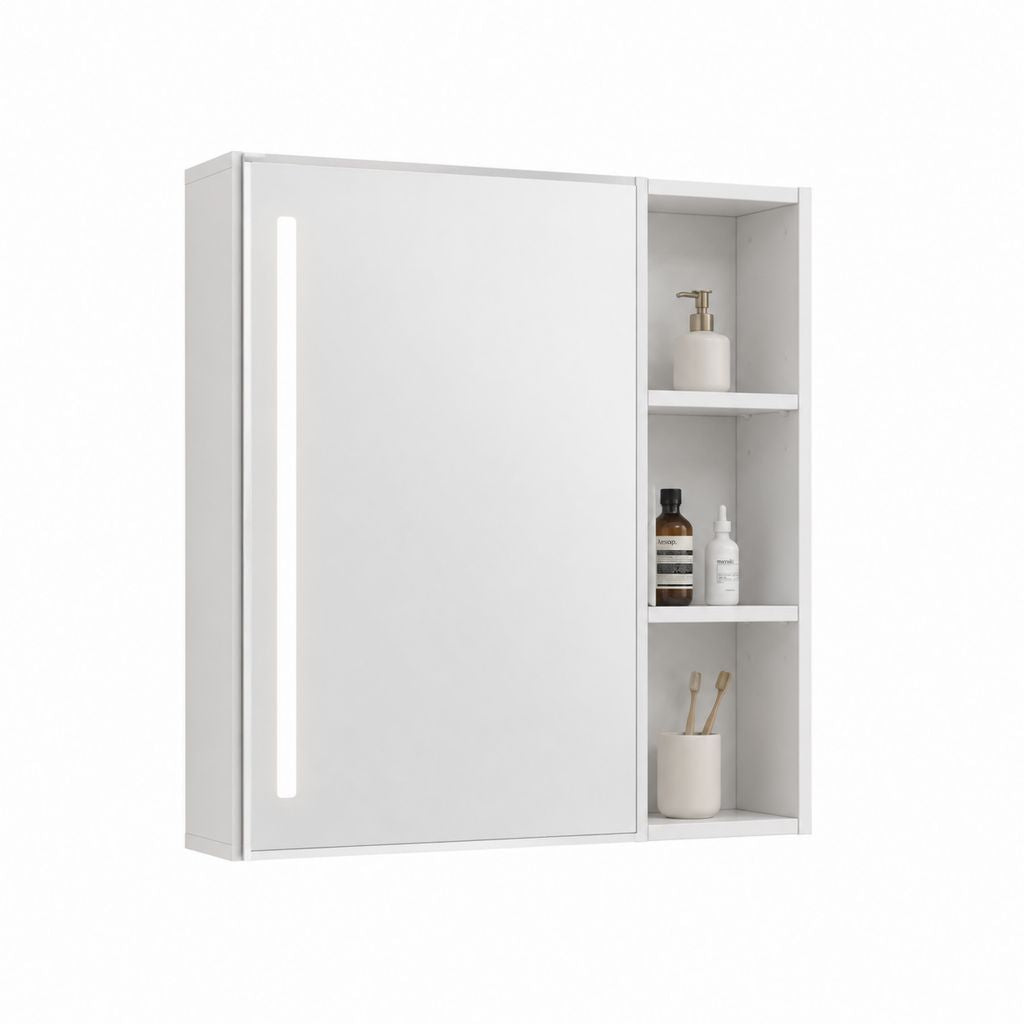 Armoire de toilette miroir LED rectangulaire blanche en MDF 60 x 70 x 13 cm avec étagères latérales