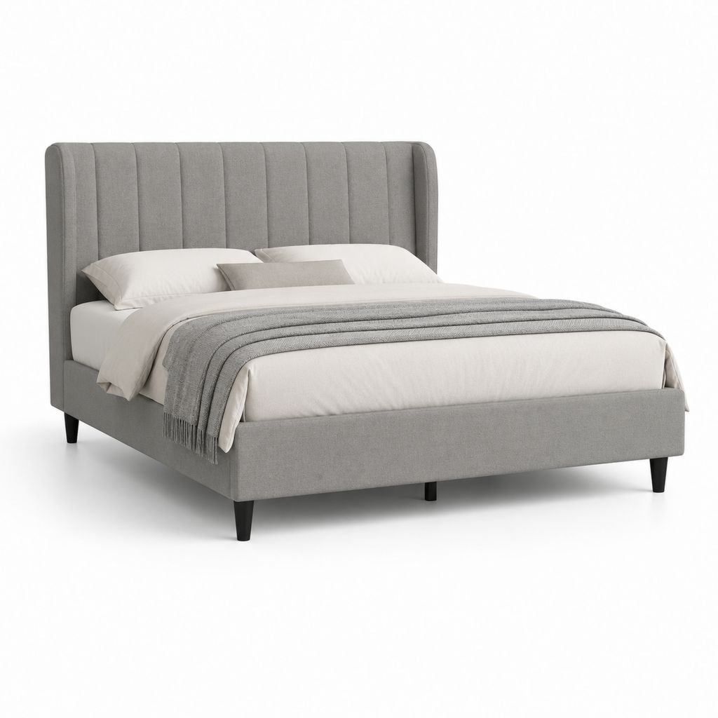 Lit double gris en polyester avec tête de lit capitonnée 160 x 200 cm