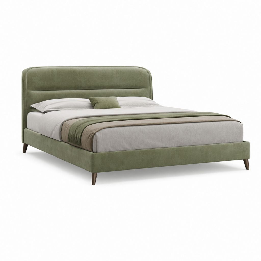 Lit double 160 x 200 cm vert olive en velours de polyester avec tête de lit rembourrée