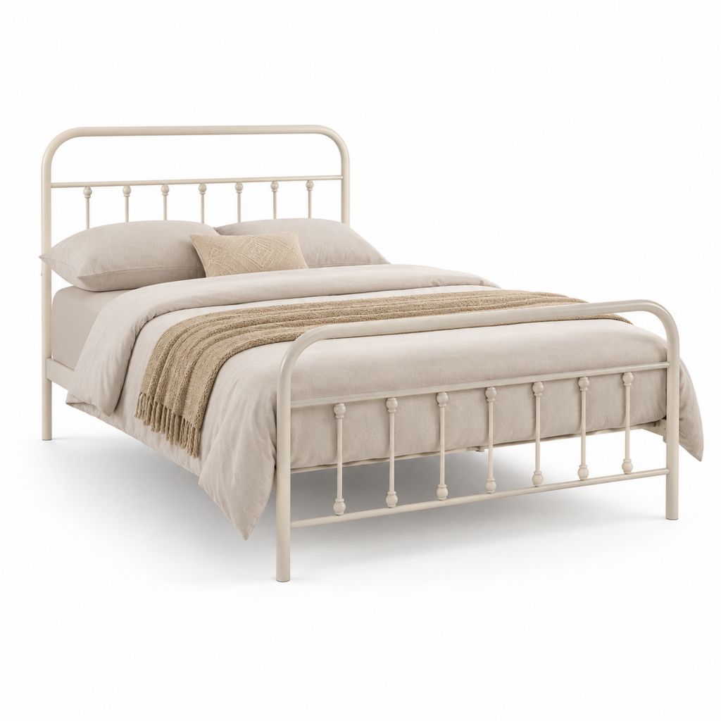 Cadre de lit double en acier crème 140 x 190 cm avec tête et pied de lit à barreaux