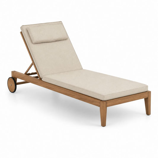 Bain de soleil à roulettes en bois d'acacia massif beige avec dossier réglable 200 x 70 x 35 cm