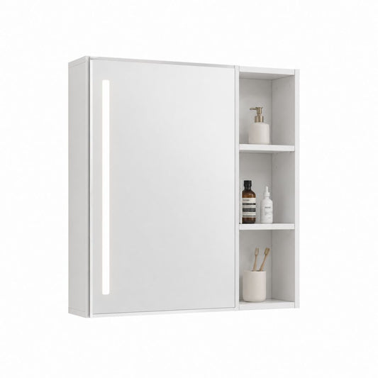 Armoire de toilette miroir LED rectangulaire blanche en MDF 60 x 70 x 13 cm avec étagères latérales