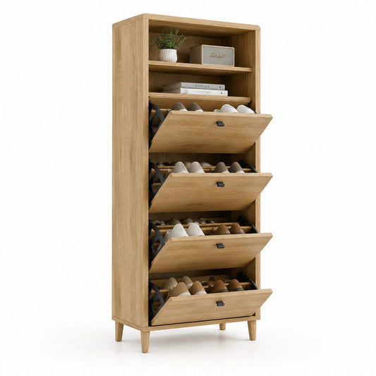 Meuble à chaussures 4 abattants avec étagères décor chêne 80 x 35 x 180 cm