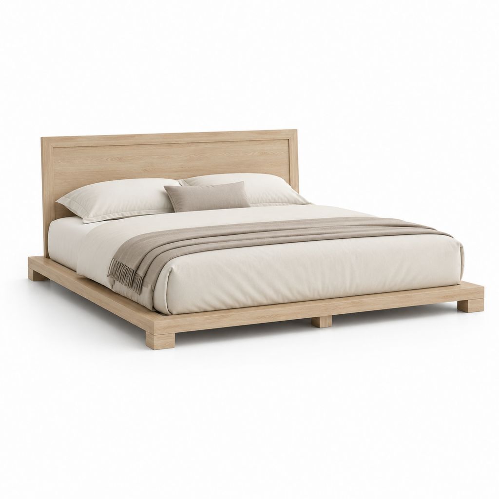 Cadre de lit double 160 x 200 cm chêne clair en bois massif avec tête de lit rectangulaire