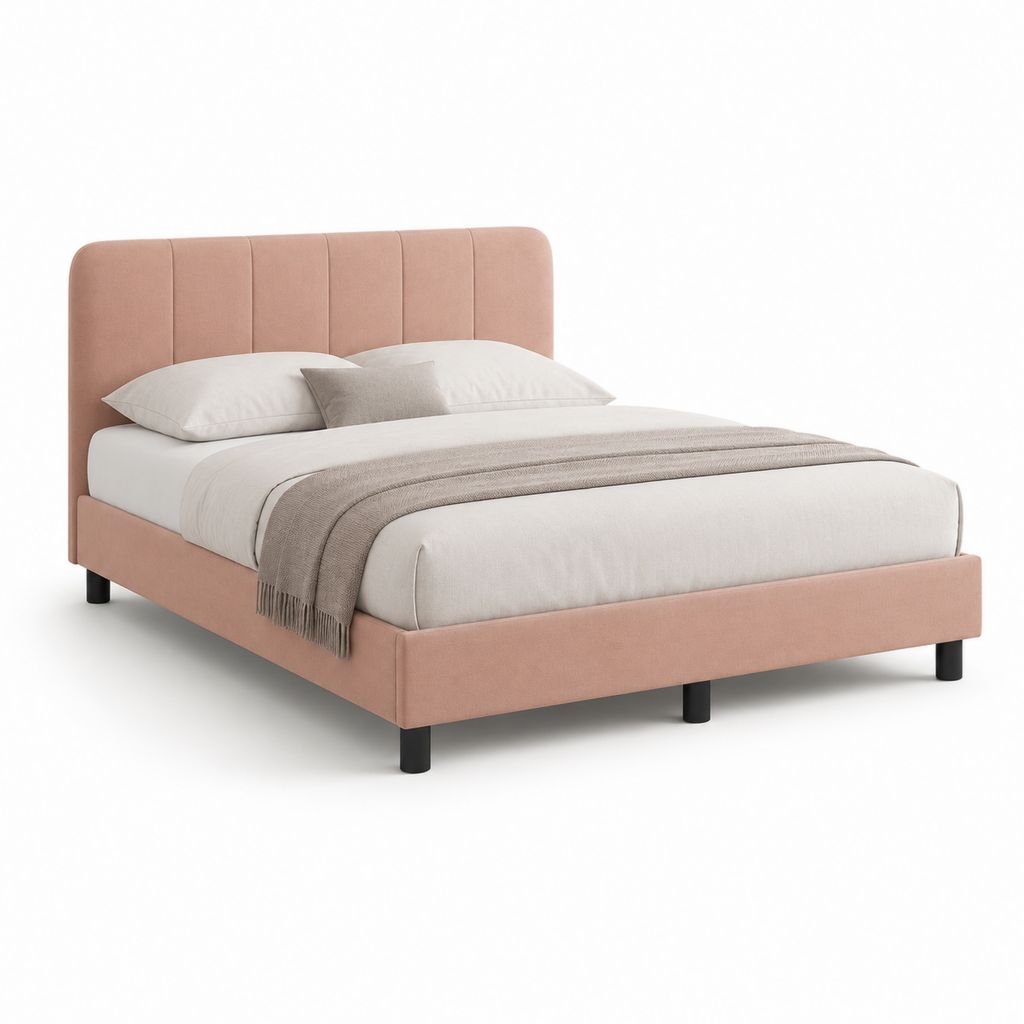 Lit double avec cadre rose en velours de polyester 160 x 200 cm