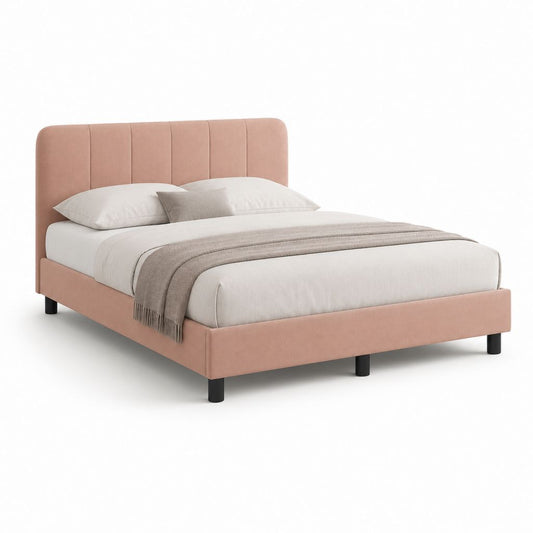 Lit double avec cadre rose en velours de polyester 160 x 200 cm