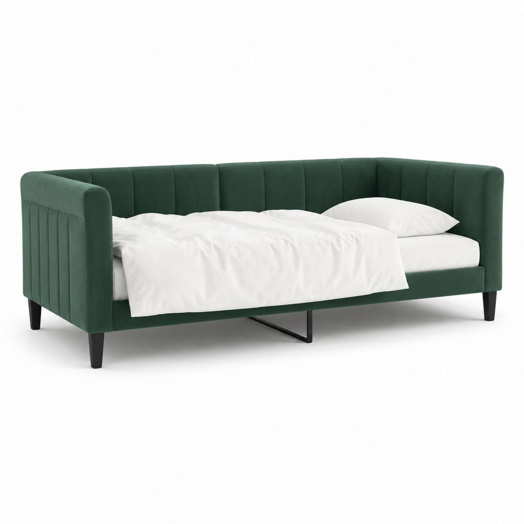 Lit banquette 1 place vert foncé en velours polyester 90 x 200 cm