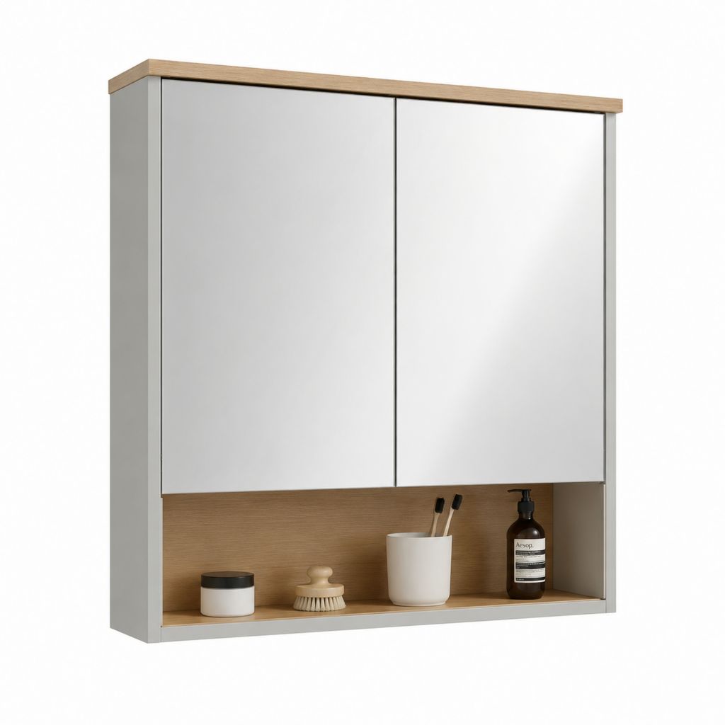Armoire de salle de bain murale à miroir 2 portes blanche et chêne en MDF 80 x 70 x 15 cm
