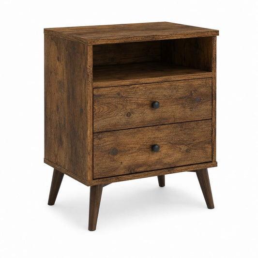 Table de chevet marron foncé en panneaux de particules avec 2 tiroirs et niche ouverte 40 x 35 x 60 cm