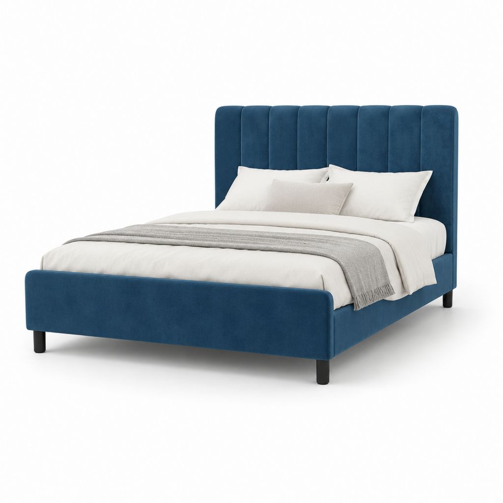 Lit double 160 x 200 cm bleu en velours de polyester avec tête de lit capitonnée