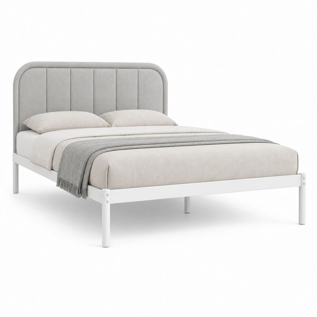 Cadre de lit double 160 x 200 cm gris clair et blanc avec tête de lit capitonnée en polyester