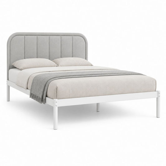 Cadre de lit double 160 x 200 cm gris clair et blanc avec tête de lit capitonnée en polyester