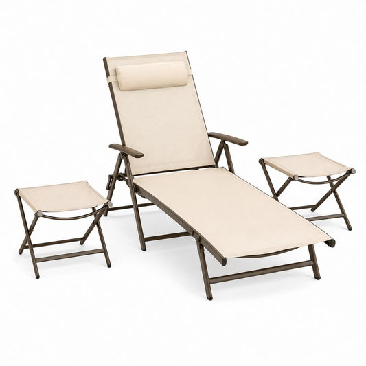 Lot de 3 bains de soleil pliants beige en acier et textilène avec repose-pieds 190 x 60 x 95 cm