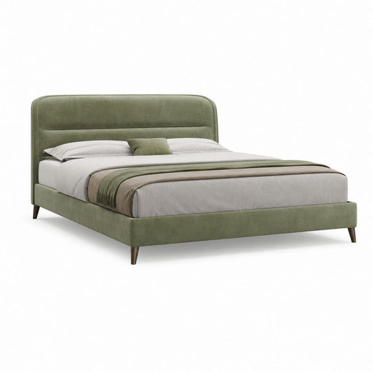 Lit double 160 x 200 cm vert olive en velours de polyester avec tête de lit rembourrée