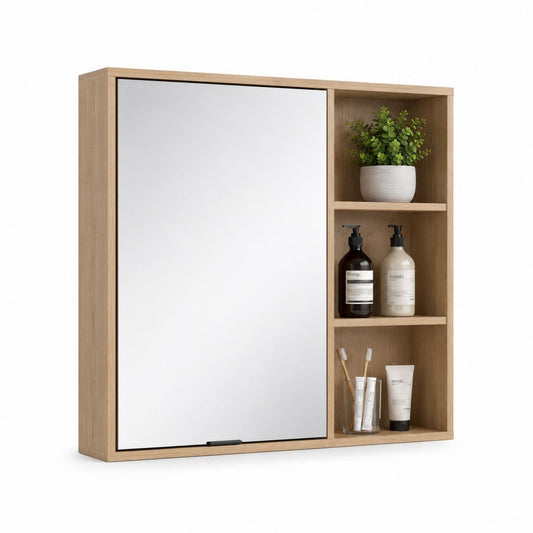 Armoire miroir de salle de bain murale en MDF décor chêne 60 x 50 x 15 cm avec 3 étagères