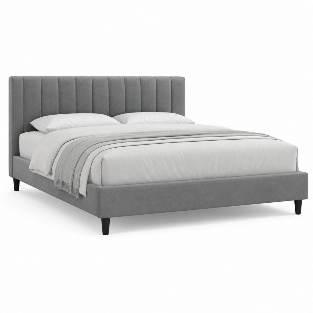 Lit double gris en polyester capitonné 160 x 200 cm avec tête de lit