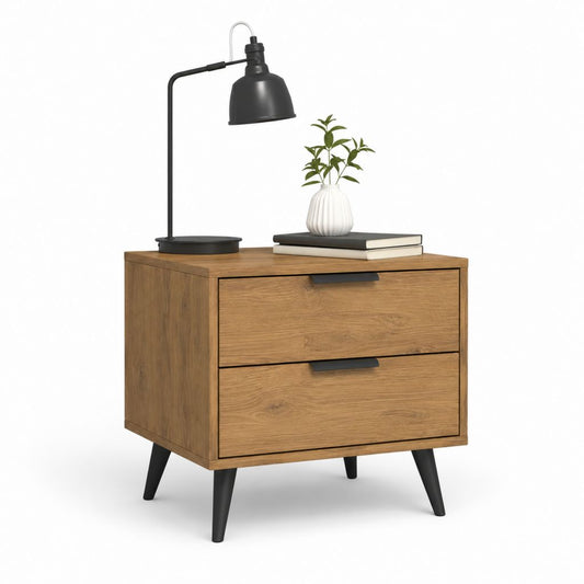Table de chevet 2 tiroirs marron chêne en MDF plaqué chêne avec pieds en acier 50 x 40 x 60 cm