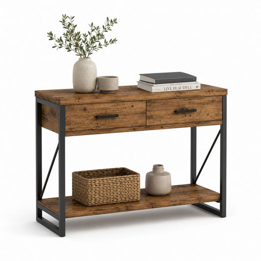 Console d'entrée avec 2 tiroirs marron rustique en panneaux de particules et acier 100 x 35 x 80 cm