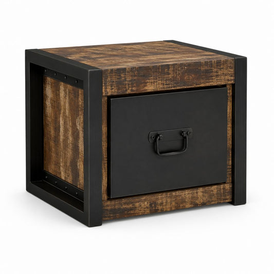 Table de chevet rectangulaire industrielle marron noir en bois massif de manguier et acier 45 x 40 x 45 cm