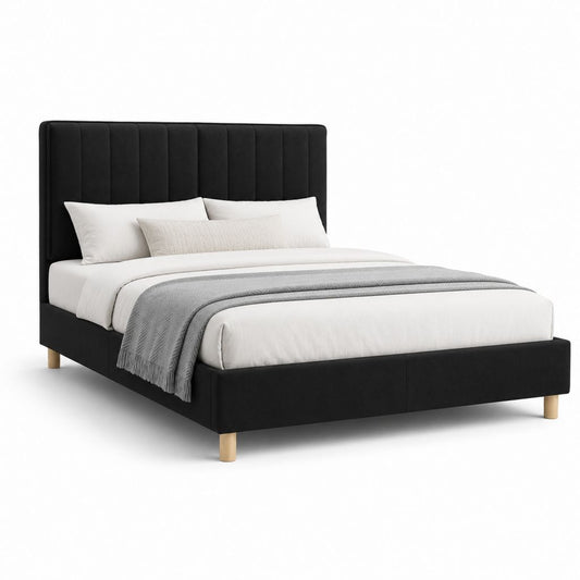 Lit double capitonné noir en polyester avec pieds en bois massif 160 x 200 cm